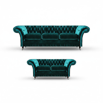 Chesterfield Luxury Design Green Three-Seater with Two-Seater Sofas