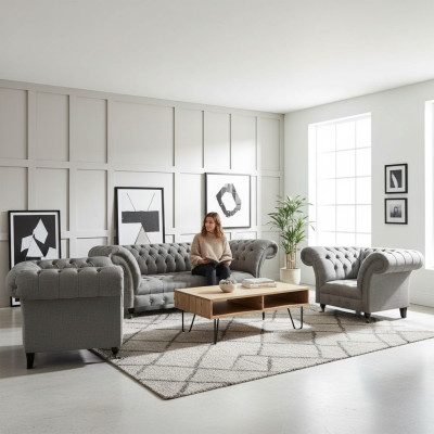 Living Room Set 3-piece Chesterfield Sofas Gray Textile Upholstered Furniture 2x Armchair