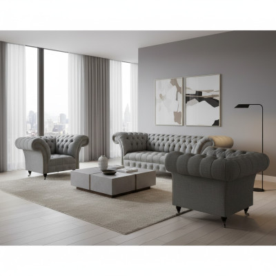Living Room Set 3-piece Chesterfield Sofas Gray Textile Upholstered Furniture 2x Armchair