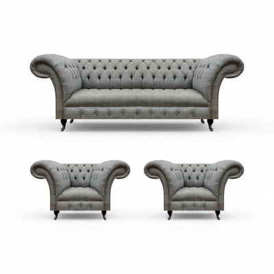 Living Room Set 3-piece Chesterfield Sofas Gray Textile Upholstered Furniture 2x Armchair