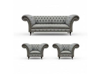 Living Room Set 3-piece Chesterfield Sofas Gray Textile Upholstered Furniture 2x Armchair