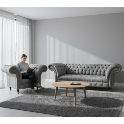 Gray three-seater couch sofa living room armchair seat Chesterfield upholstered furniture