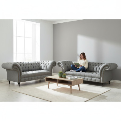 Chesterfield Gray Complete Living Room Three-Seater Sofa Luxury Armchair New