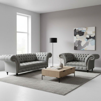 Chesterfield Gray Complete Living Room Three-Seater Sofa Luxury Armchair New