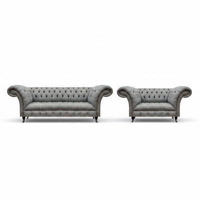 Chesterfield Gray Complete Living Room Three-Seater Sofa Luxury Armchair New