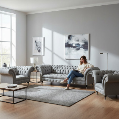 Living Room Gray 3-Piece Set Luxury Sofas Sofa Suite Armchair Chesterfield