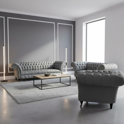 Living Room Gray 3-Piece Set Luxury Sofas Sofa Suite Armchair Chesterfield
