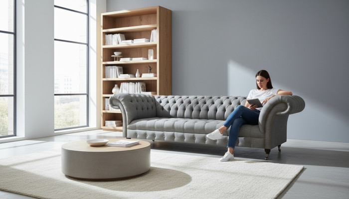 Living room luxury gray four-seater sofa Chesterfield new upholstered furniture