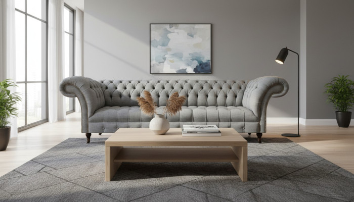 Living room luxury gray four-seater sofa Chesterfield new upholstered furniture