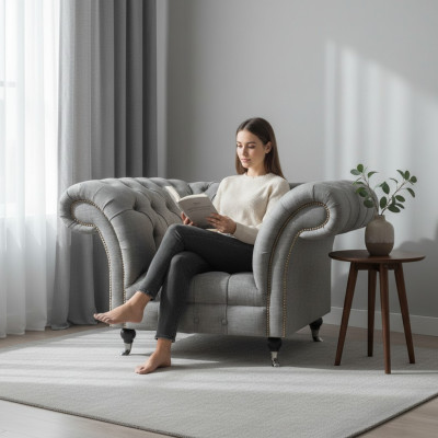 Luxury fabric armchair living room Chesterfield upholstered furniture gray