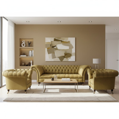 Yellow Living Room Set Complete 2x Chesterfield Armchairs Three-Seater Sofa Couch