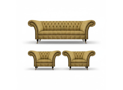 Yellow Living Room Set Complete 2x Chesterfield Armchairs Three-Seater Sofa Couch