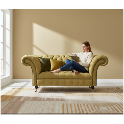 Yellow Chesterfield Two-seater Sofa Couch Living Room Furniture Luxury Upholstery Textile