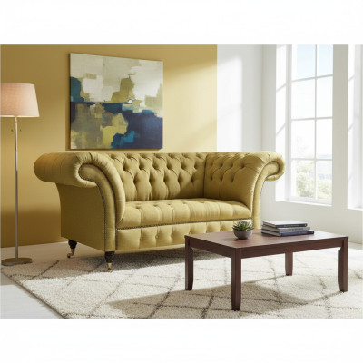 Yellow Chesterfield Two-seater Sofa Couch Living Room Furniture Luxury Upholstery Textile