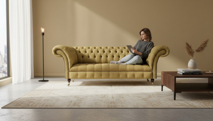 Chesterfield three-seater sofa living room couch furnishing luxury textile