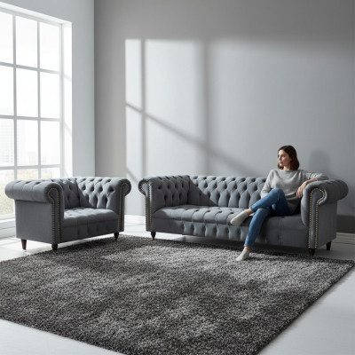 Living room complete three-seater sofa, couch, armchair, luxury furniture, Chesterfield