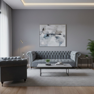 Living room complete three-seater sofa, couch, armchair, luxury furniture, Chesterfield