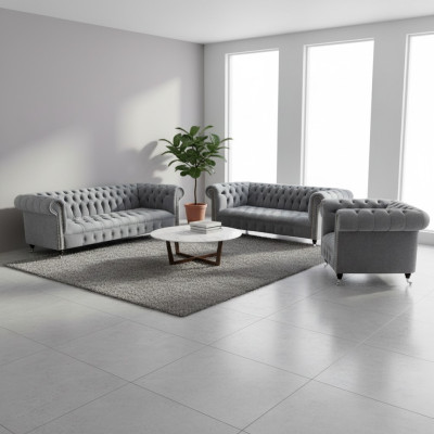 Luxury 3-Piece Sofa Set Living Room Chesterfield Gray Furniture New