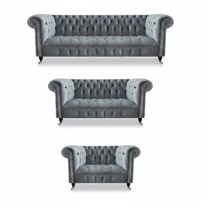 Luxury 3-Piece Sofa Set Living Room Chesterfield Gray Furniture New