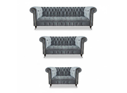 Luxury 3-Piece Sofa Set Living Room Chesterfield Gray Furniture New