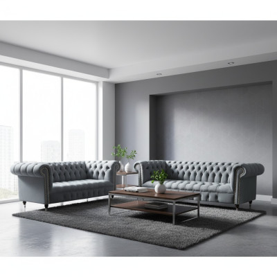 Living room luxury gray Chesterfield armchair new three-seater sofa couch