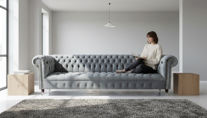 Chesterfield Luxury Four-Seater Gray Sofa Couch Living Room Furniture