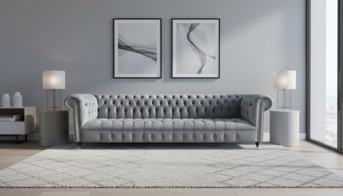 Chesterfield Luxury Four-Seater Gray Sofa Couch Living Room Furniture