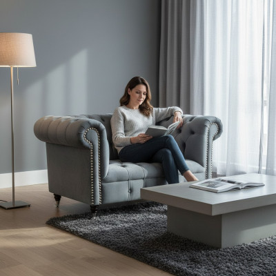 Living room gray armchair Chesterfield upholstered seating furniture new textile