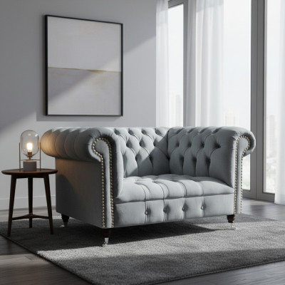 Living room gray armchair Chesterfield upholstered seating furniture new textile