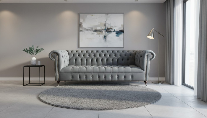 Chesterfield Sofa Three-seater Living Room Couch Furniture Gray Textile New
