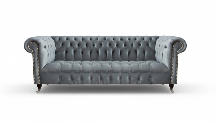 Chesterfield Sofa Three-seater Living Room Couch Furniture Gray Textile New