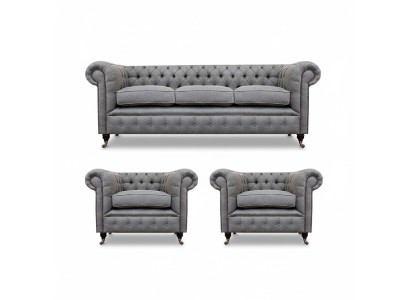 Gray Chesterfield Luxury Furniture Living Room Set 3-piece Sofas Textile Armchair