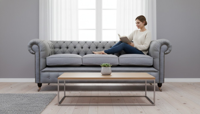 Gray Chesterfield living room textile fabric furniture luxury three-seater sofa
