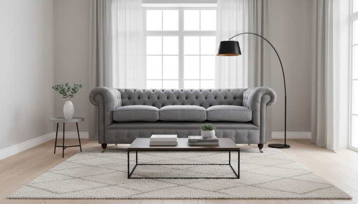 Gray Chesterfield living room textile fabric furniture luxury three-seater sofa
