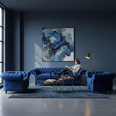 Blue luxury sofa set complete 3-piece furniture textile fabric Chesterfield