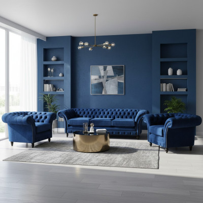 Blue luxury sofa set complete 3-piece furniture textile fabric Chesterfield