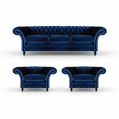 Blue luxury sofa set complete 3-piece furniture textile fabric Chesterfield