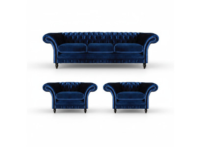 Blue luxury sofa set complete 3-piece furniture textile fabric Chesterfield