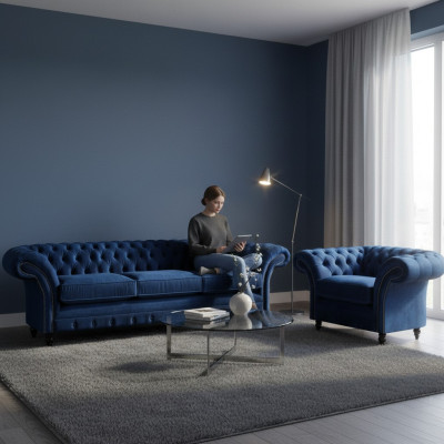 Textile Fabric Design Sofa Upholstery Couch Blue Three-Seater Sofa Armchair Chesterfield