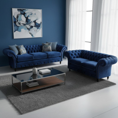Living room 2-piece three-seater sofa blue two-seater sofas furnishing Chesterfield