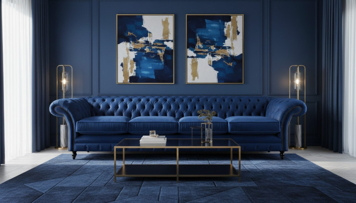 Luxury Design Chesterfield Four-Seater Sofa Blue Couch Living Room Furniture