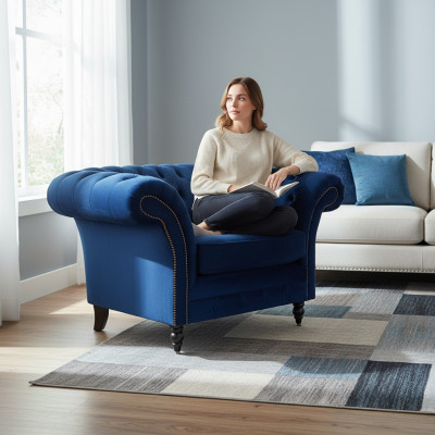 Blue Chesterfield Armchair Luxury Design Upholstery Fabric New Living Room Furnishing