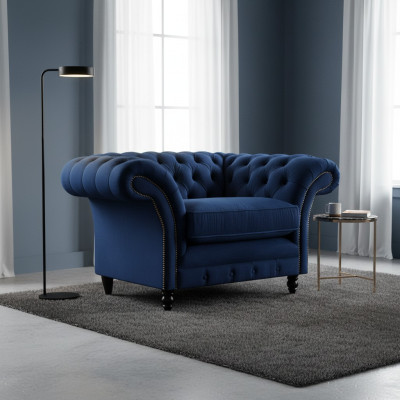Blue Chesterfield Armchair Luxury Design Upholstery Fabric New Living Room Furnishing
