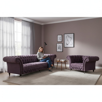 Suit Set 2-piece Design Three-seater Sofa Luxury Armchair Chesterfield Living Room