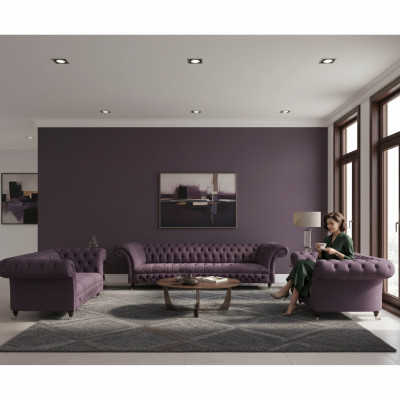 Luxury Purple Sofa Set Living Room Chesterfield Design 3-piece Textile Upholstery