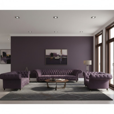 Luxury Purple Sofa Set Living Room Chesterfield Design 3-piece Textile Upholstery