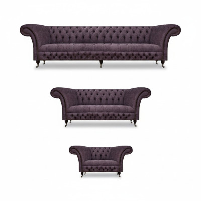 Luxury Purple Sofa Set Living Room Chesterfield Design 3-piece Textile Upholstery