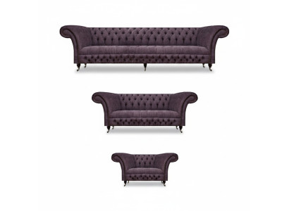 Luxury Purple Sofa Set Living Room Chesterfield Design 3-piece Textile Upholstery