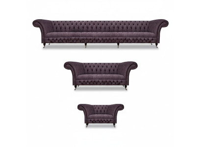 Luxury Design Sofa Set 3-piece Chesterfield Purple Living Room Upholstered Sofas