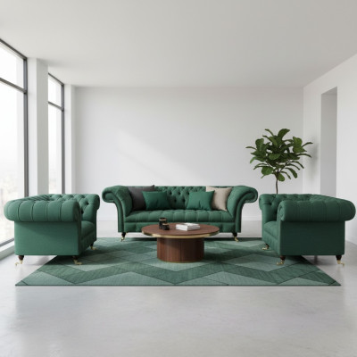 Complete set 3-piece living room 2x armchair with three-seater sofa Chesterfield couch